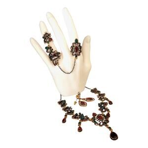 Ring Necklace Earrings Red Green White Stones in Antiqued Gold Tone Jewelry